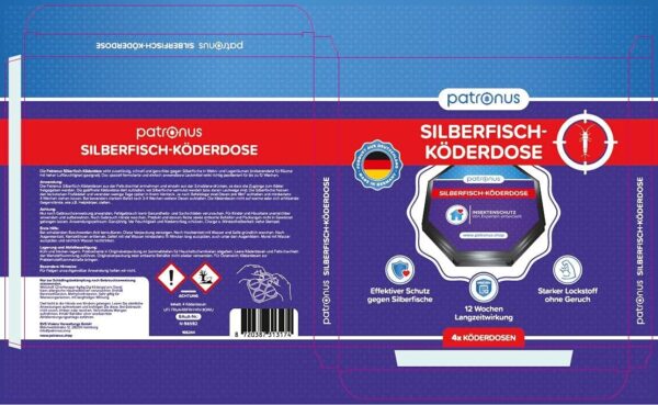 Patronus Silberfisch-Köderdose: Produkthinweise – Vor- und Rückseite der Verpackung