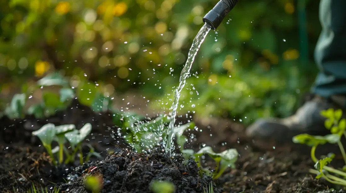 Maulwurf vertreiben mit Wasser ein Hügel wird begossen