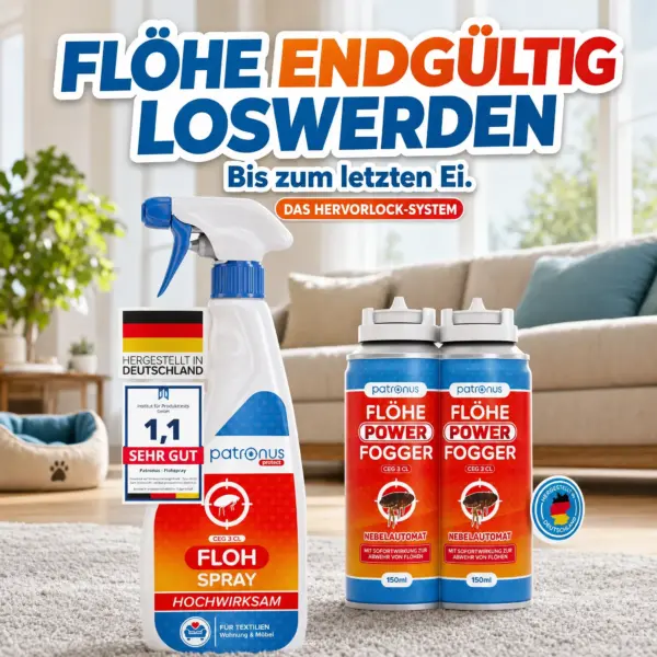 Patronus Flöhe Komplettpaket mit Floh Spray und Power Fogger – Flöhe endgültig loswerden, bis zum letzten Ei