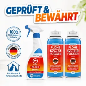 Patronus Floh Spray und Power Fogger mit Siegeln: Geld-zurück-Garantie, hergestellt in Deutschland