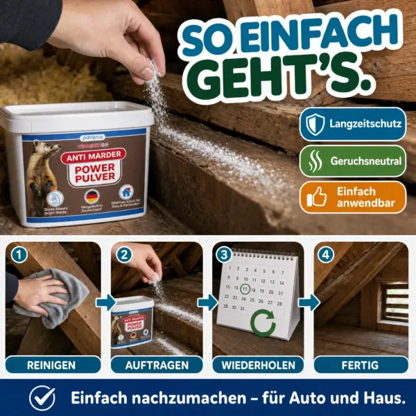 So einfach wird VerminexGo Pulver auf dem Dachboden angewendet – reinigen, auftragen, wiederholen