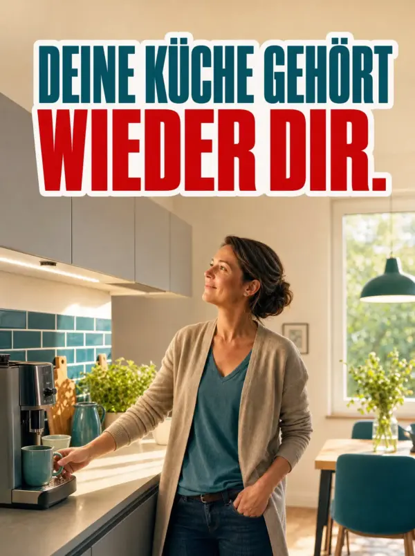 Frau morgens entspannt in sauberer, kakerlakenfreier Küche beim Kaffee