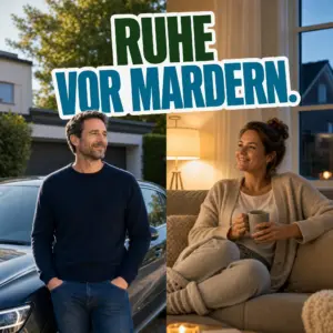 Ruhe vor Mardern – entspannter Mann am Auto und entspannte Frau zuhause