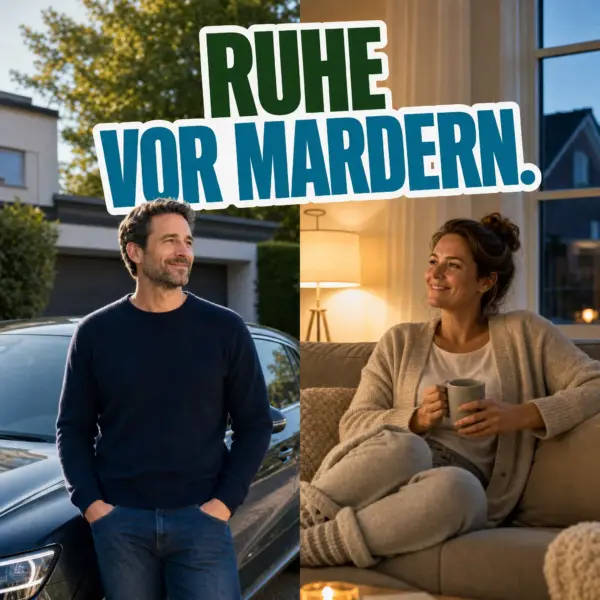 Ruhe vor Mardern – entspannter Mann am Auto und entspannte Frau zuhause
