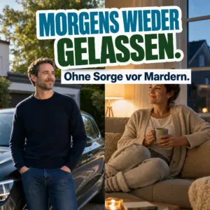 Zufriedener Mann am Auto und entspannte Frau zuhause – dank Patronus Marder Komplettpaket ohne Sorge vor Mardern