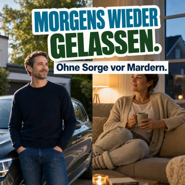 Zufriedener Mann am Auto und entspannte Frau zuhause – dank Patronus Marder Komplettpaket ohne Sorge vor Mardern