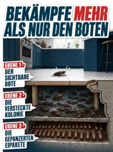Infografik: sichtbarer Bote, versteckte Kakerlaken-Kolonie und gepanzerte Eipakete