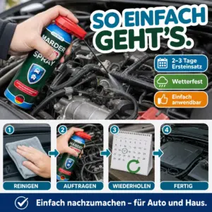 So einfach wird Patronus Marder Power Spray im Motorraum angewendet – reinigen, sprühen, wiederholen