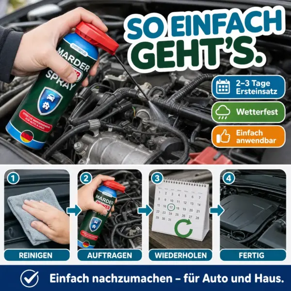So einfach wird Patronus Marder Power Spray im Motorraum angewendet – reinigen, sprühen, wiederholen