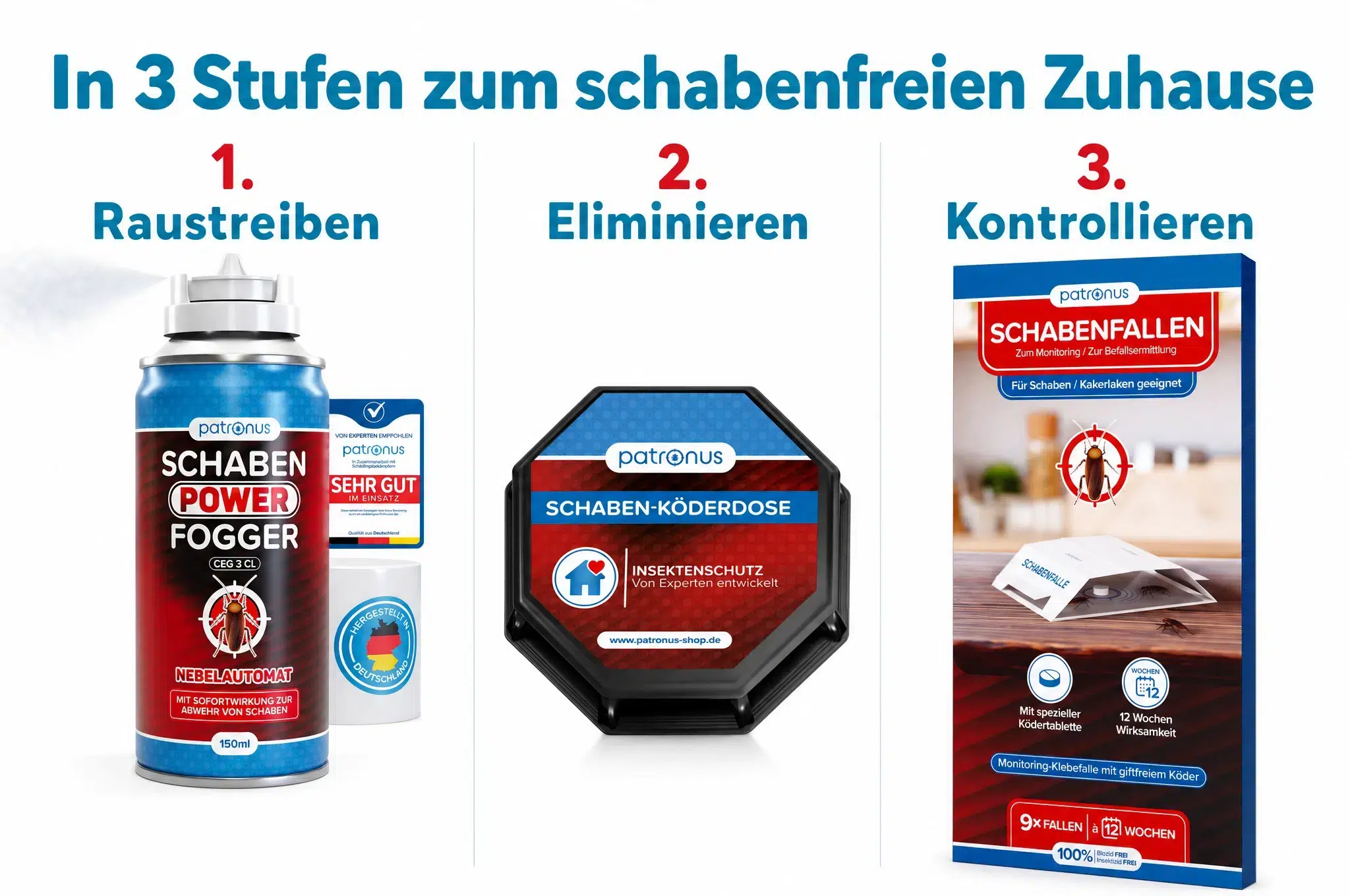 Patronus 3-Stufen-Strategie gegen Kakerlaken – Power Fogger, Köderdose, Schabenfalle
