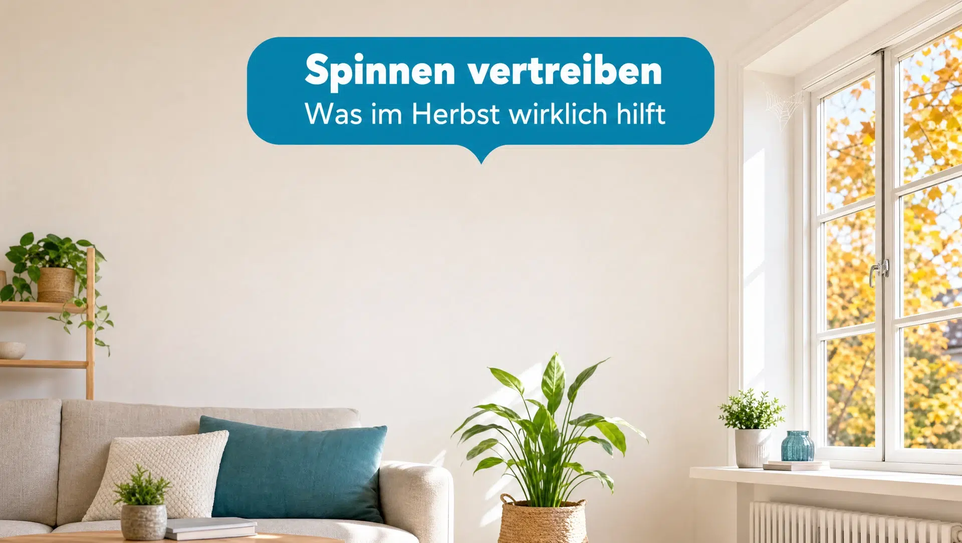 Spinnen vertreiben: helles Wohnzimmer mit Fenster im Herbst