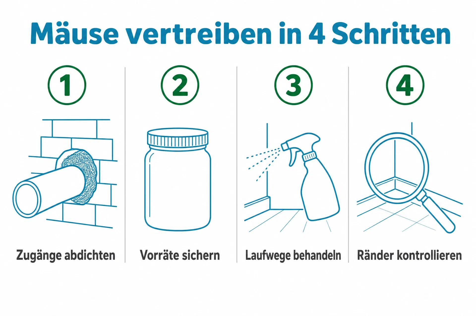 Mäuse vertreiben in 4 Schritten: abdichten, Vorräte sichern, Laufwege behandeln, Ränder kontrollieren