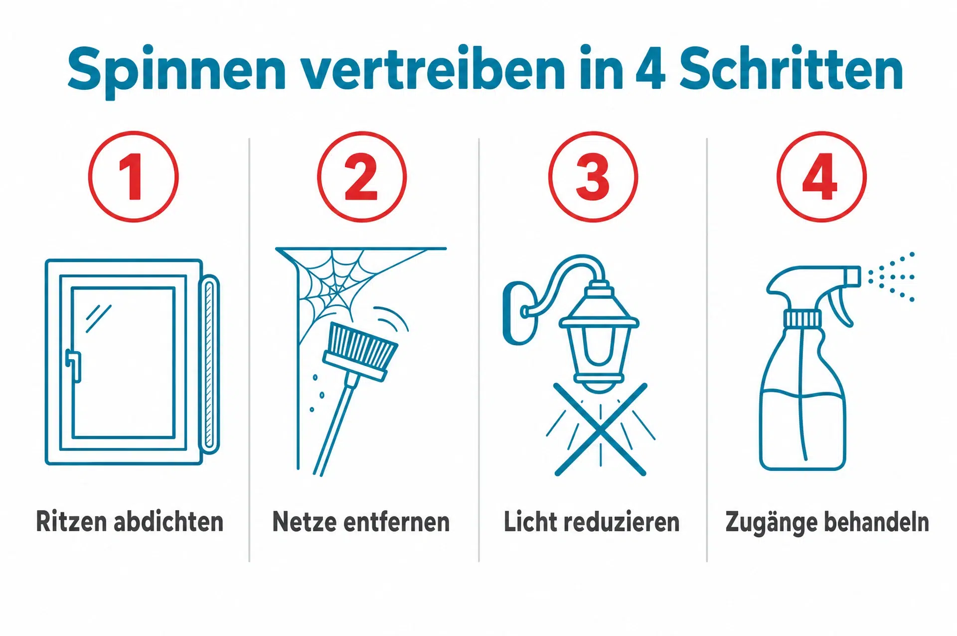 Spinnen vertreiben in 4 Schritten: abdichten, Netze entfernen, Licht reduzieren, Zugänge behandeln