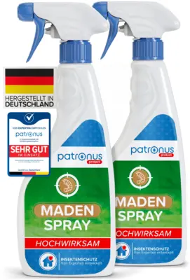Zwei Flaschen Patronus Maden Spray 500 ml als Doppelpack gegen Maden und Fliegen