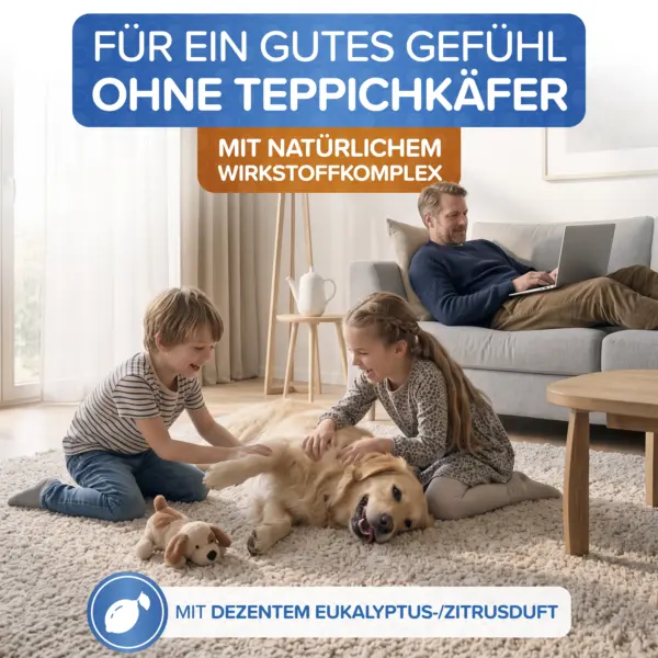 Familie mit Kindern und Hund auf einem behandelten Teppich, Teppichkäfer Spray mit Eukalyptus-Zitrusduft