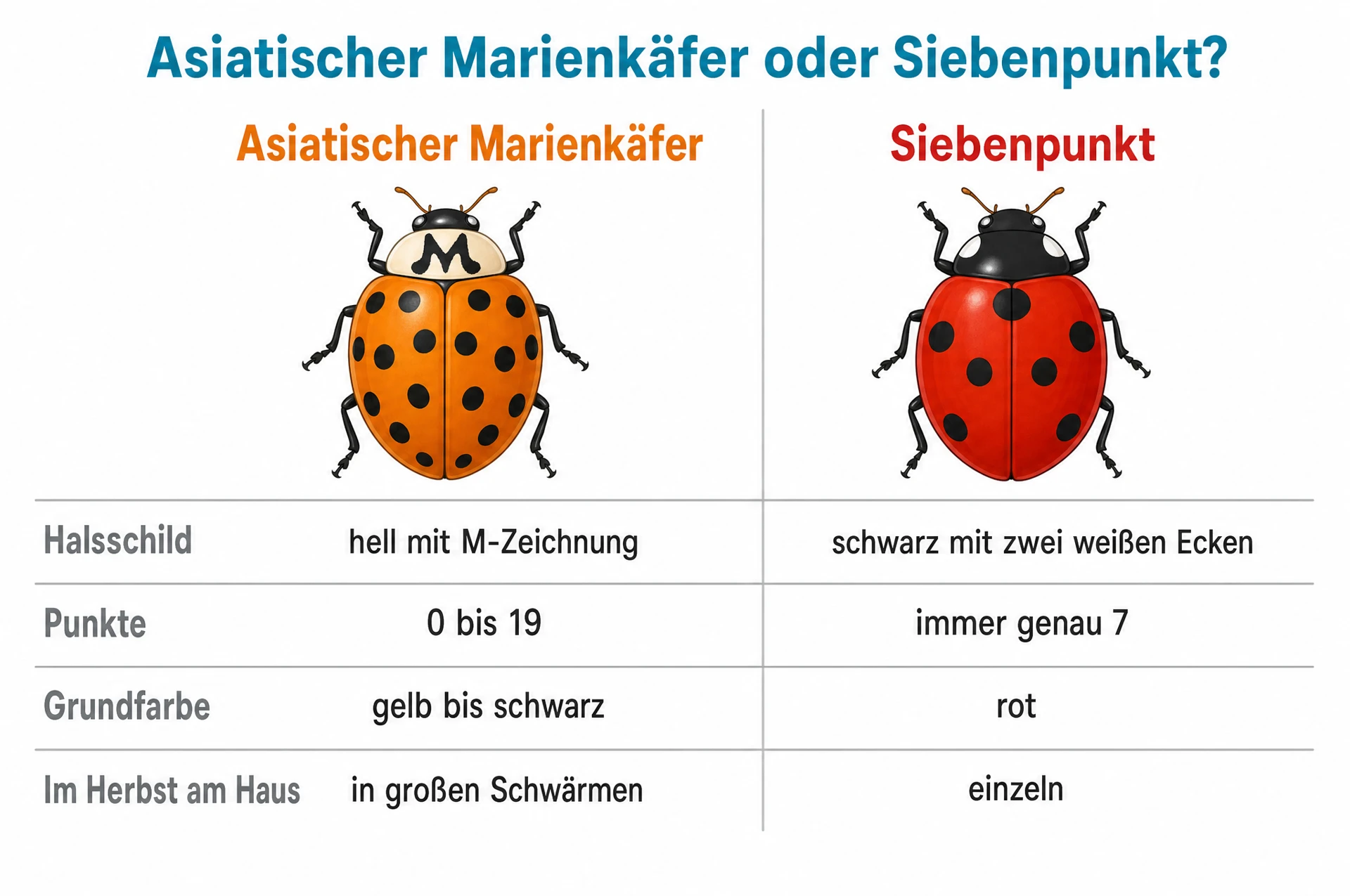 Asiatischer Marienkäfer oder Siebenpunkt: Halsschild, Punkte und Grundfarbe im Vergleich