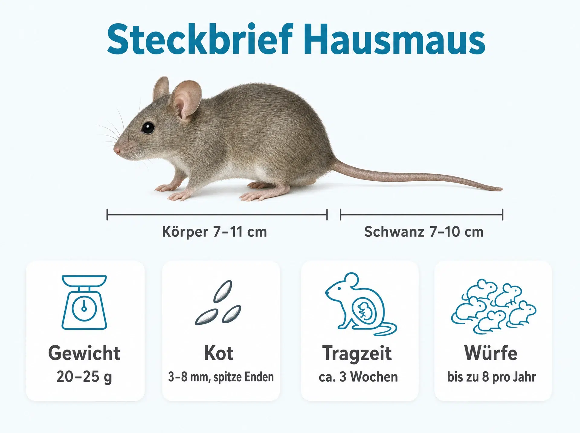 Steckbrief Hausmaus: Körper 7–11 cm, Schwanz 7–10 cm, Gewicht 20–25 g, Kot 3–8 mm