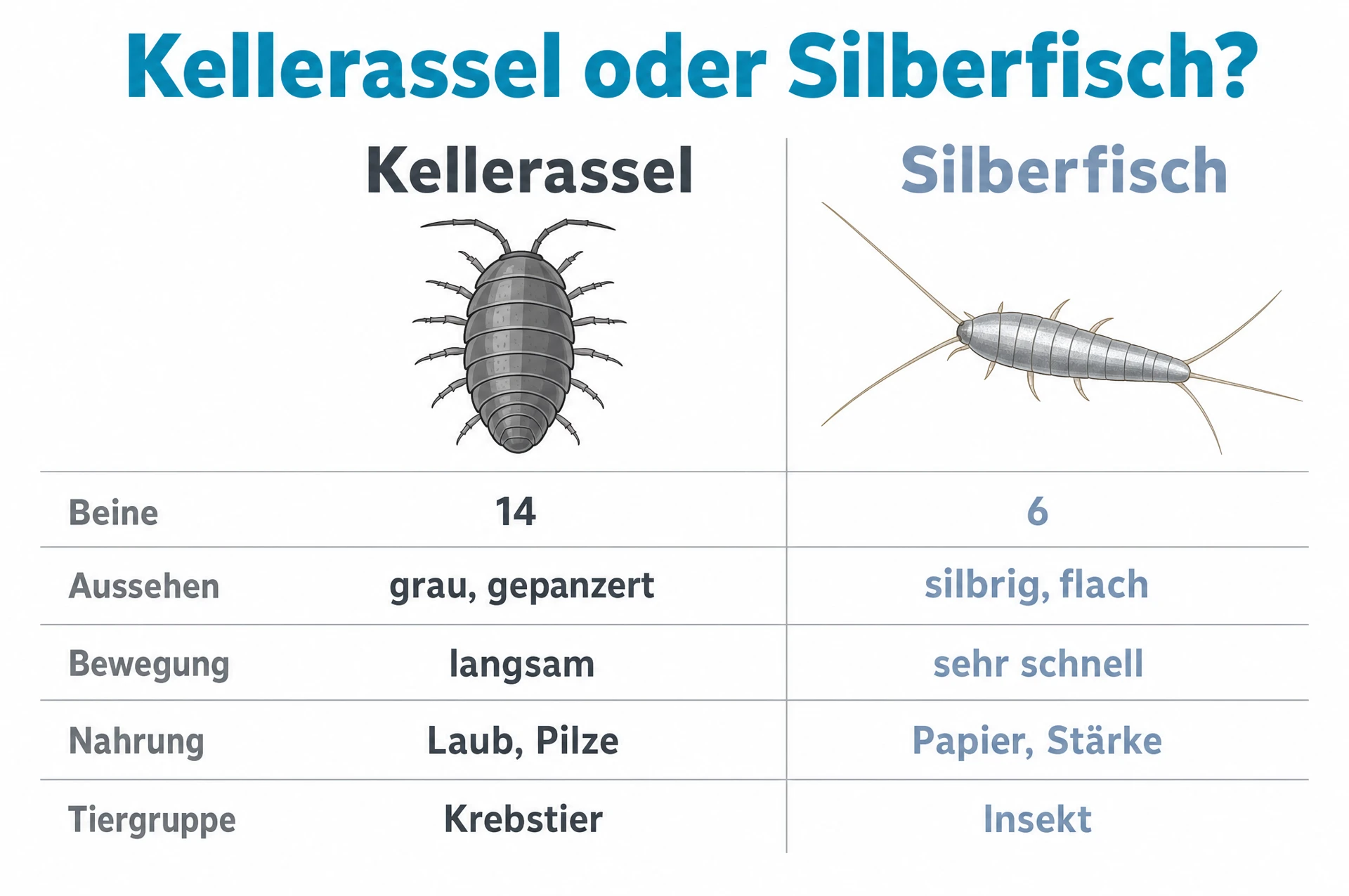 Kellerassel oder Silberfisch: Unterschiede bei Beinen, Aussehen und Nahrung im Vergleich