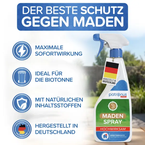 Vorteile des Patronus Madensprays: maximale Sofortwirkung, ideal für die Biotonne, mit natürlichen Inhaltsstoffen, hergestellt in Deutschland