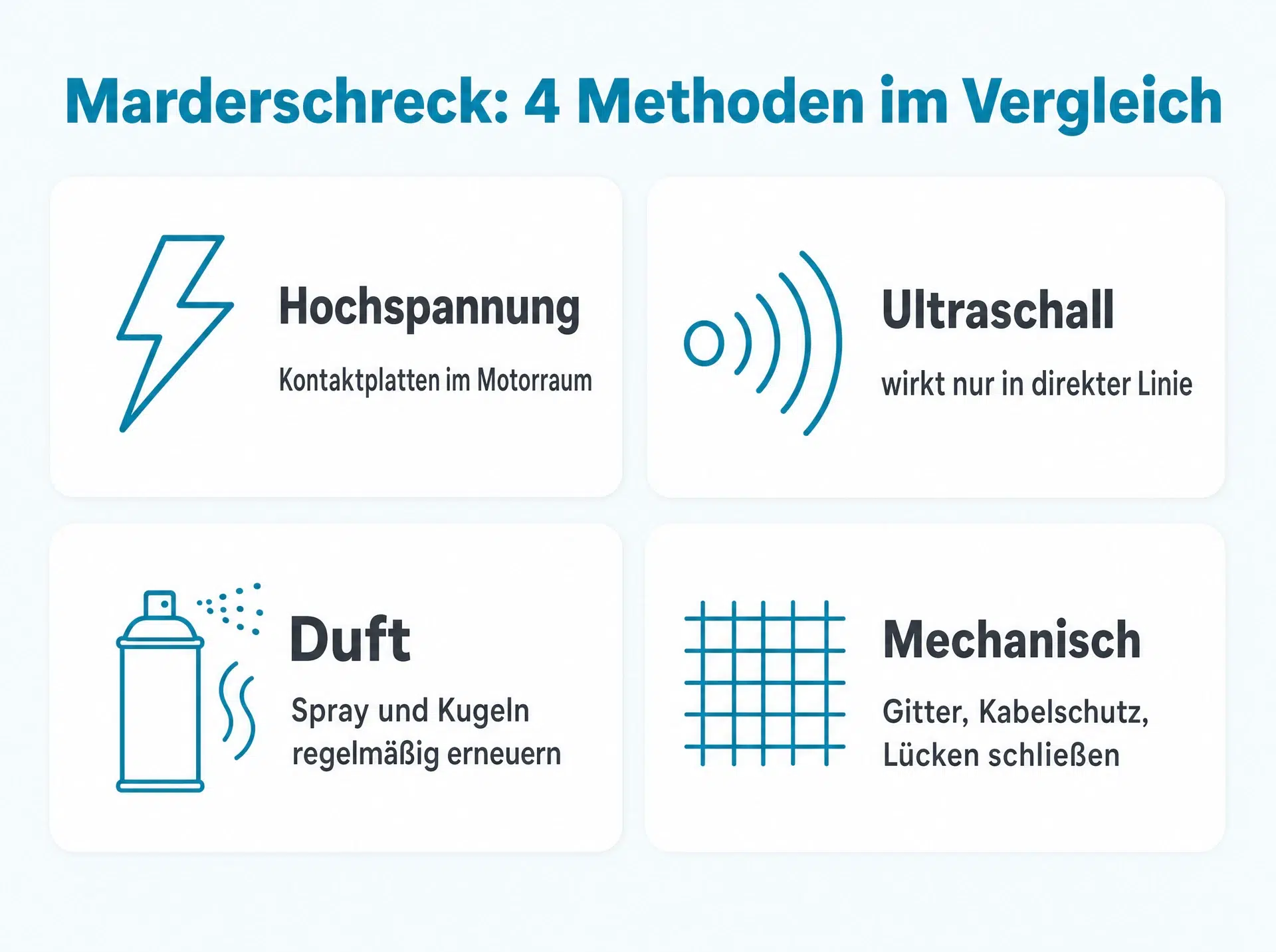 Marderschreck im Vergleich: Hochspannung, Ultraschall, Duft und mechanische Abwehr
