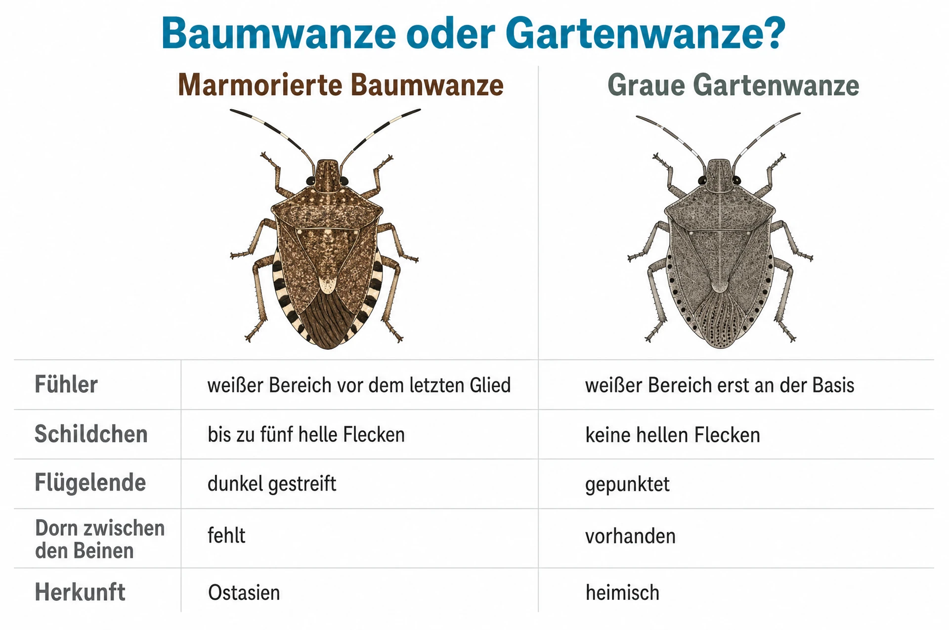 Marmorierte Baumwanze oder Graue Gartenwanze: Fühler, Schildchen und Flügelende im Vergleich