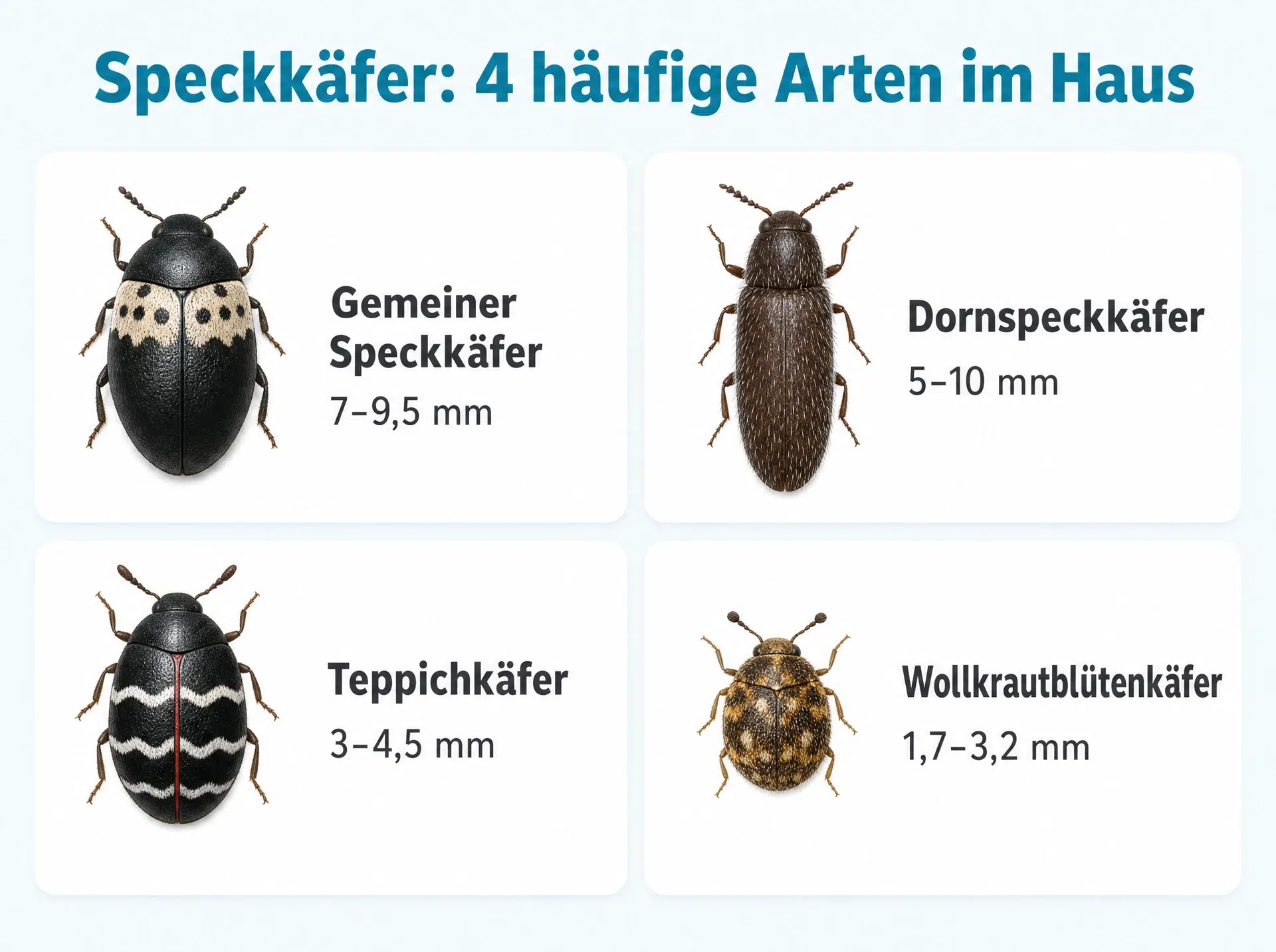 Speckkäfer-Arten im Vergleich: Gemeiner Speckkäfer, Dornspeckkäfer, Teppichkäfer, Wollkrautblütenkäfer