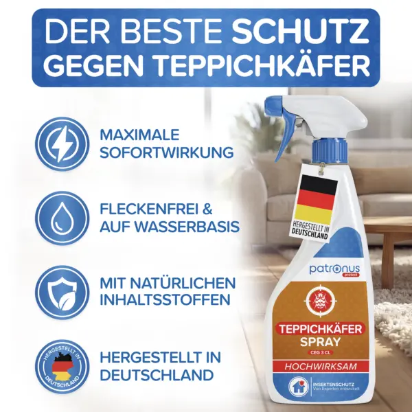 Teppichkäfer Spray mit Sofortwirkung, fleckenfrei, auf Wasserbasis und mit natürlichen Inhaltsstoffen