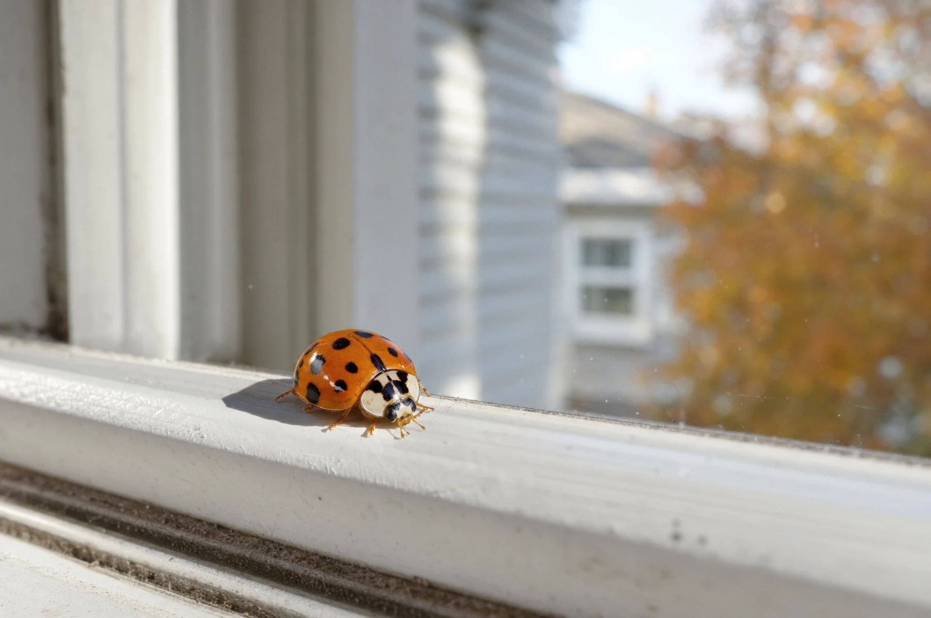 Asiatischer Marienkäfer mit M-Zeichnung auf dem Halsschild am Fensterrahmen