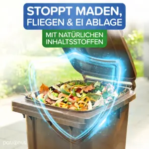 Biotonne mit Schutzschild-Symbol: Das Maden Spray stoppt Maden, Fliegen und die Eiablage mit natürlichen Inhaltsstoffen