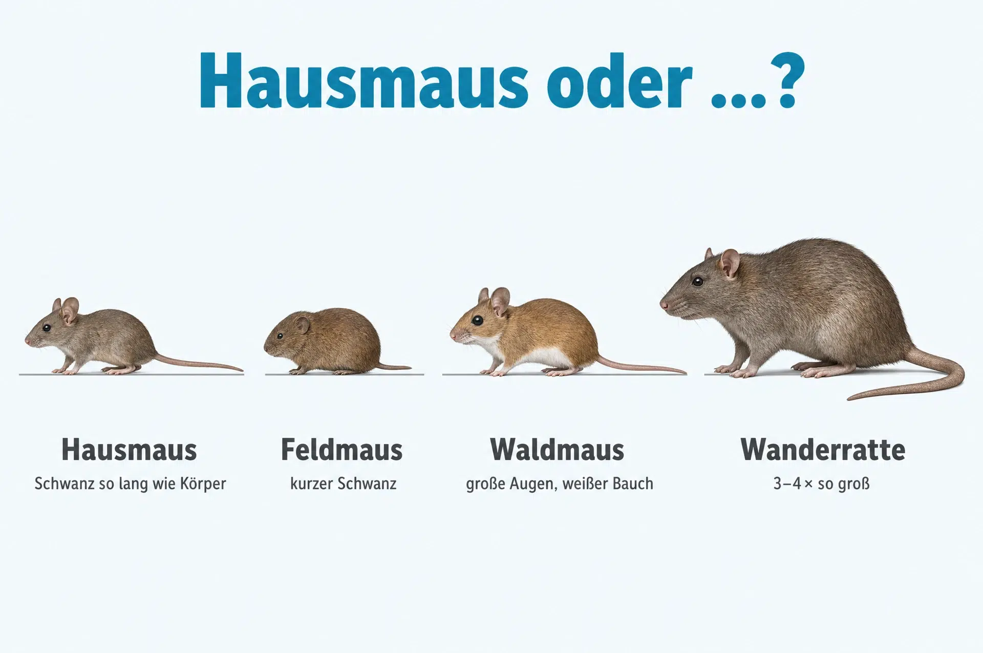 Hausmaus im Größenvergleich mit Feldmaus, Waldmaus und Wanderratte
