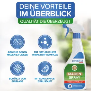 Vorteile im Überblick: Abwehr gegen Maden und Fliegen, natürlicher Wirkstoffkomplex, Schutz vor Eiablage, Eukalyptus-Zitrusduft
