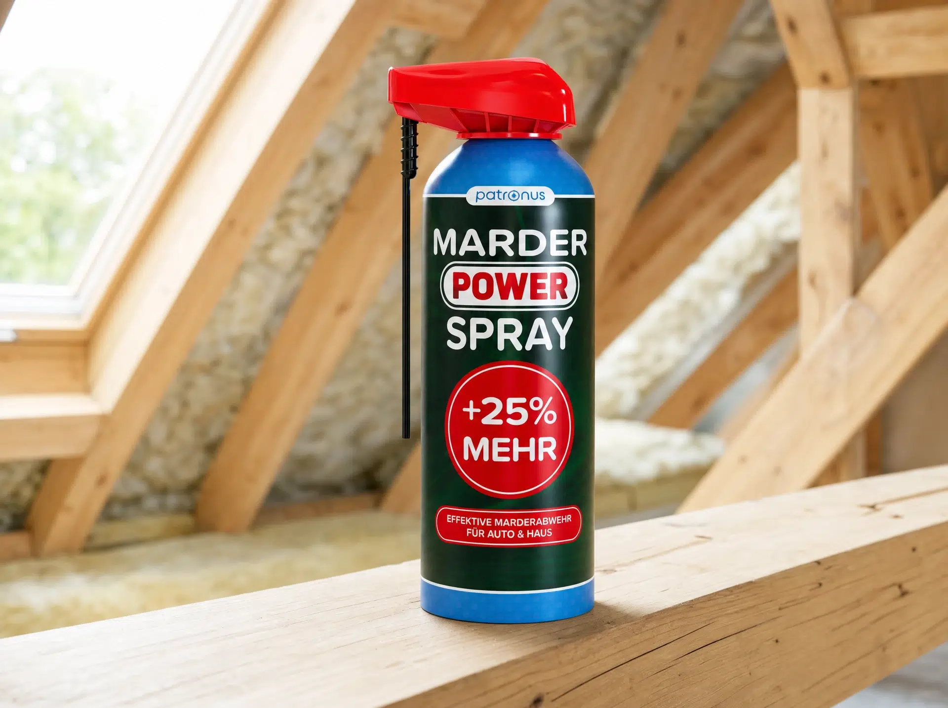 Marderschreck mit Duft: Patronus Marder Power Spray auf einem Dachbalken