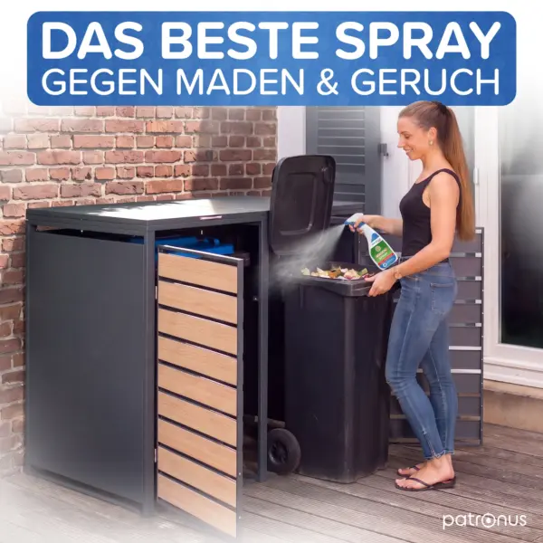 Anwendung des Maden Sprays an einer Mülltonne im Außenbereich gegen Maden und unangenehmen Geruch