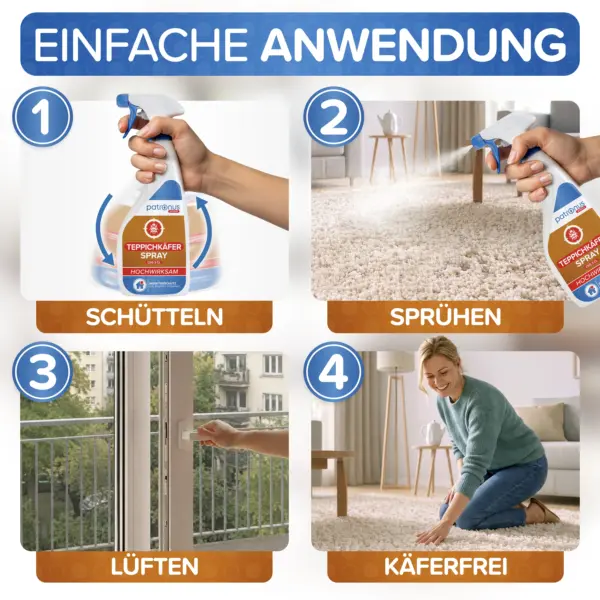 Anwendung des Teppichkäfer Sprays in vier Schritten: schütteln, sprühen, lüften, käferfrei