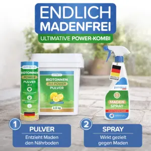 Kombination aus Patronus Biotonnen-Pulver und Maden Spray: Das Pulver entzieht Maden den Nährboden, das Spray wirkt gezielt gegen Maden