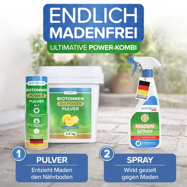 Kombination aus Patronus Biotonnen-Pulver und Maden Spray: Das Pulver entzieht Maden den Nährboden, das Spray wirkt gezielt gegen Maden