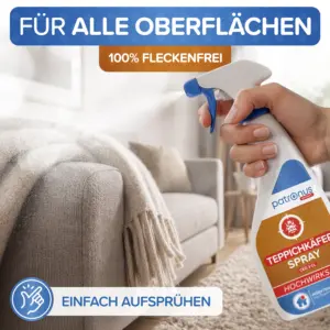 Teppichkäfer Spray wird fleckenfrei auf ein Sofa mit Decke gesprüht