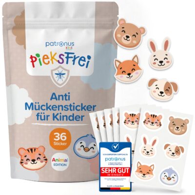 Patronus Pieksfrei Anti Mueckensticker fuer Kinder, 36 Sticker, Animal Edition