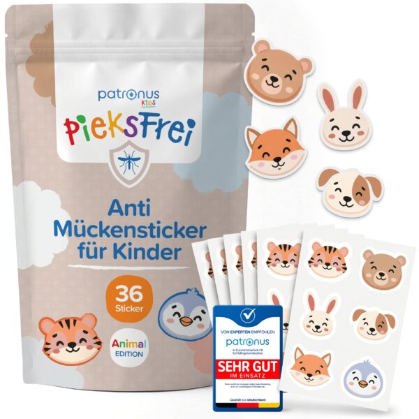 Patronus Pieksfrei Anti Mueckensticker fuer Kinder, 36 Sticker, Animal Edition