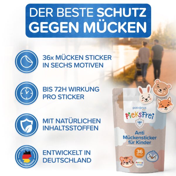 36 Muecken-Sticker in sechs Motiven, bis zu 72 Stunden Wirkung pro Sticker