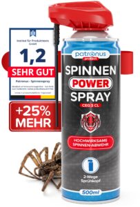 Patronus Spinnen Power Spray 500 ml mit 25 Prozent mehr Inhalt, daneben eine Hauswinkelspinne