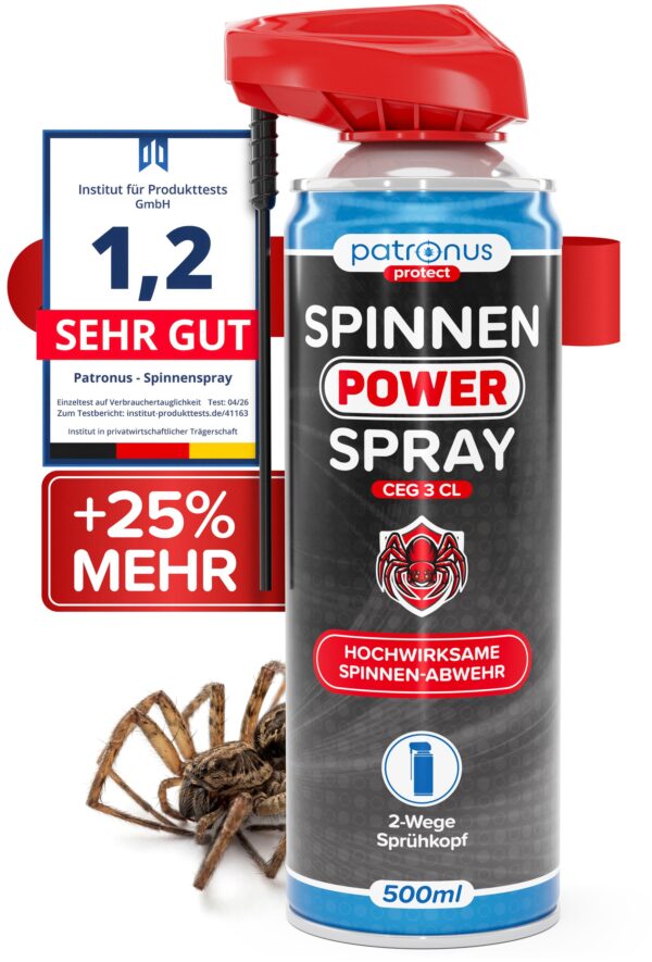 Patronus Spinnen Power Spray 500 ml mit 25 Prozent mehr Inhalt, daneben eine Hauswinkelspinne