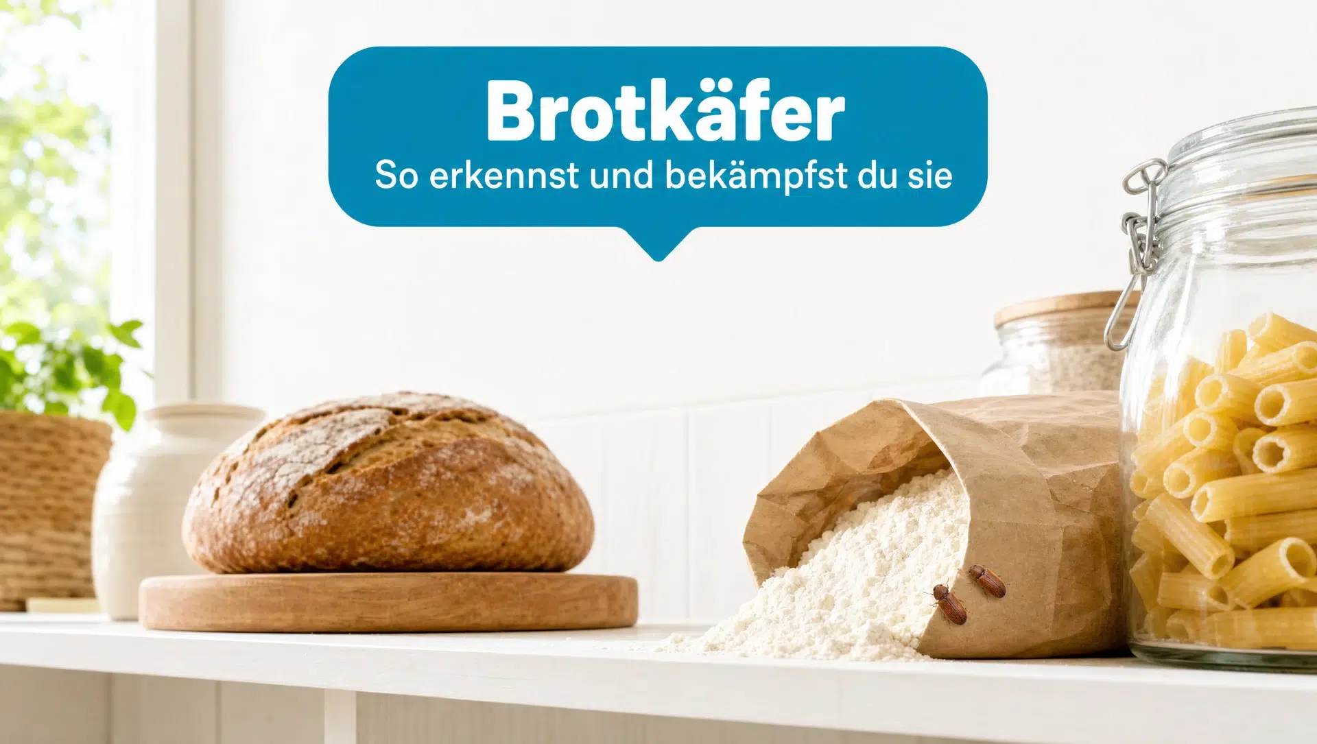 Brotkäfer auf einer offenen Mehltüte im Vorratsregal neben Brot