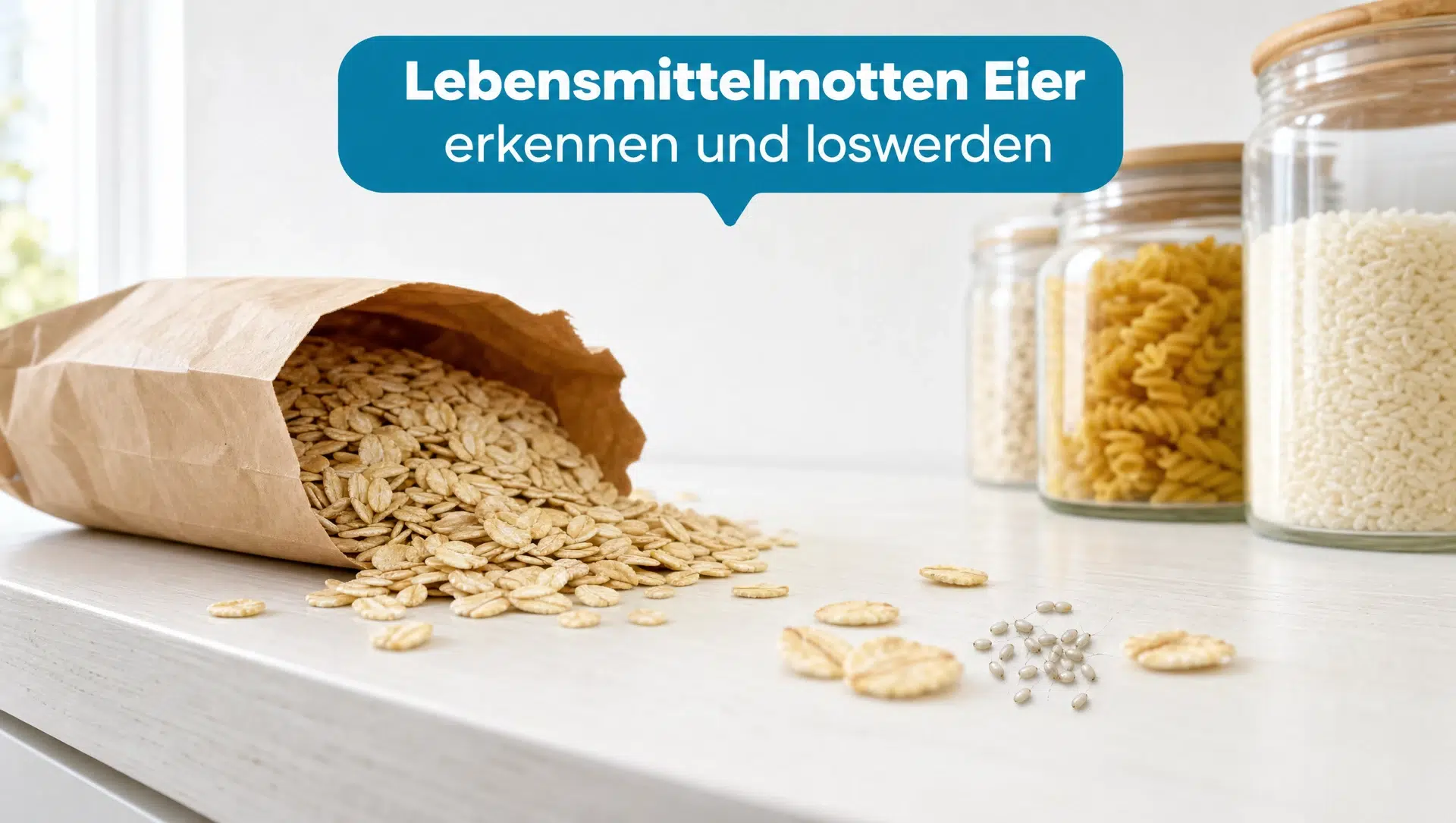 Lebensmittelmotten Eier neben Haferflocken im Vorratsregal