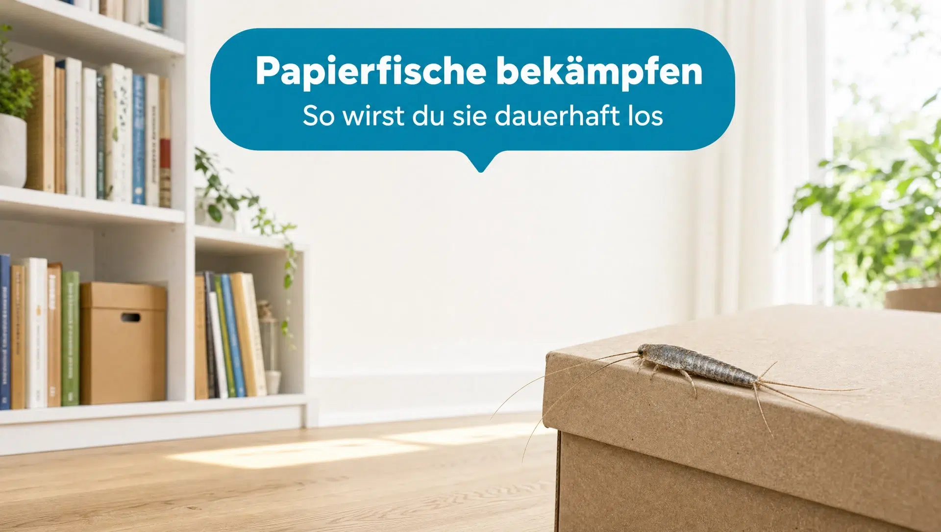 Papierfische bekämpfen: Papierfischchen an einem Karton neben dem Bücherregal