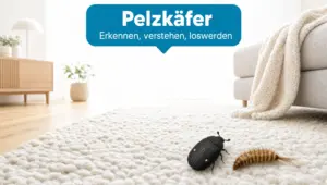 Pelzkäfer und Pelzkäfer-Larve auf einem hellen Wollteppich
