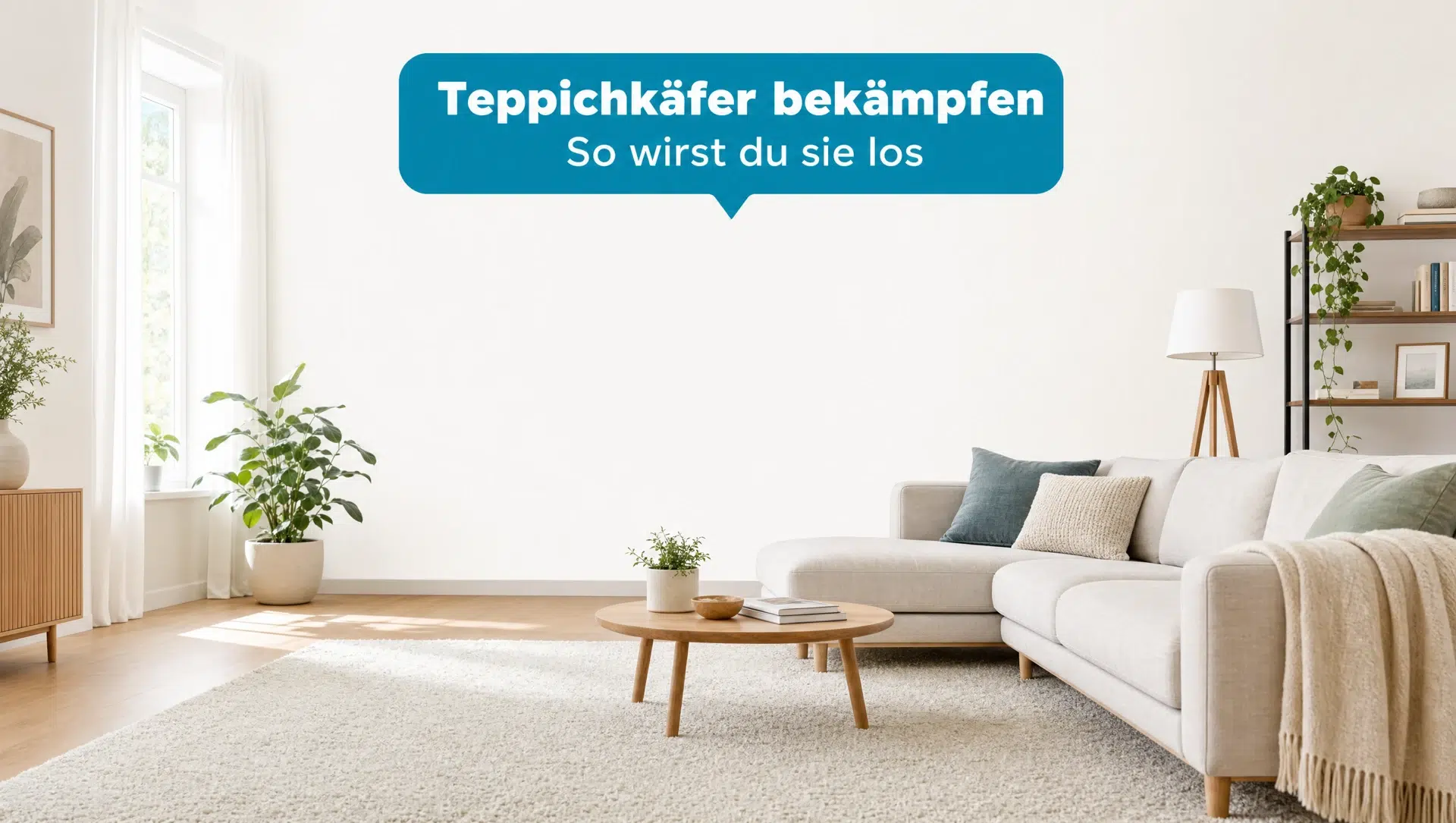Teppichkäfer bekämpfen: helles Wohnzimmer mit Teppich als Titelbild