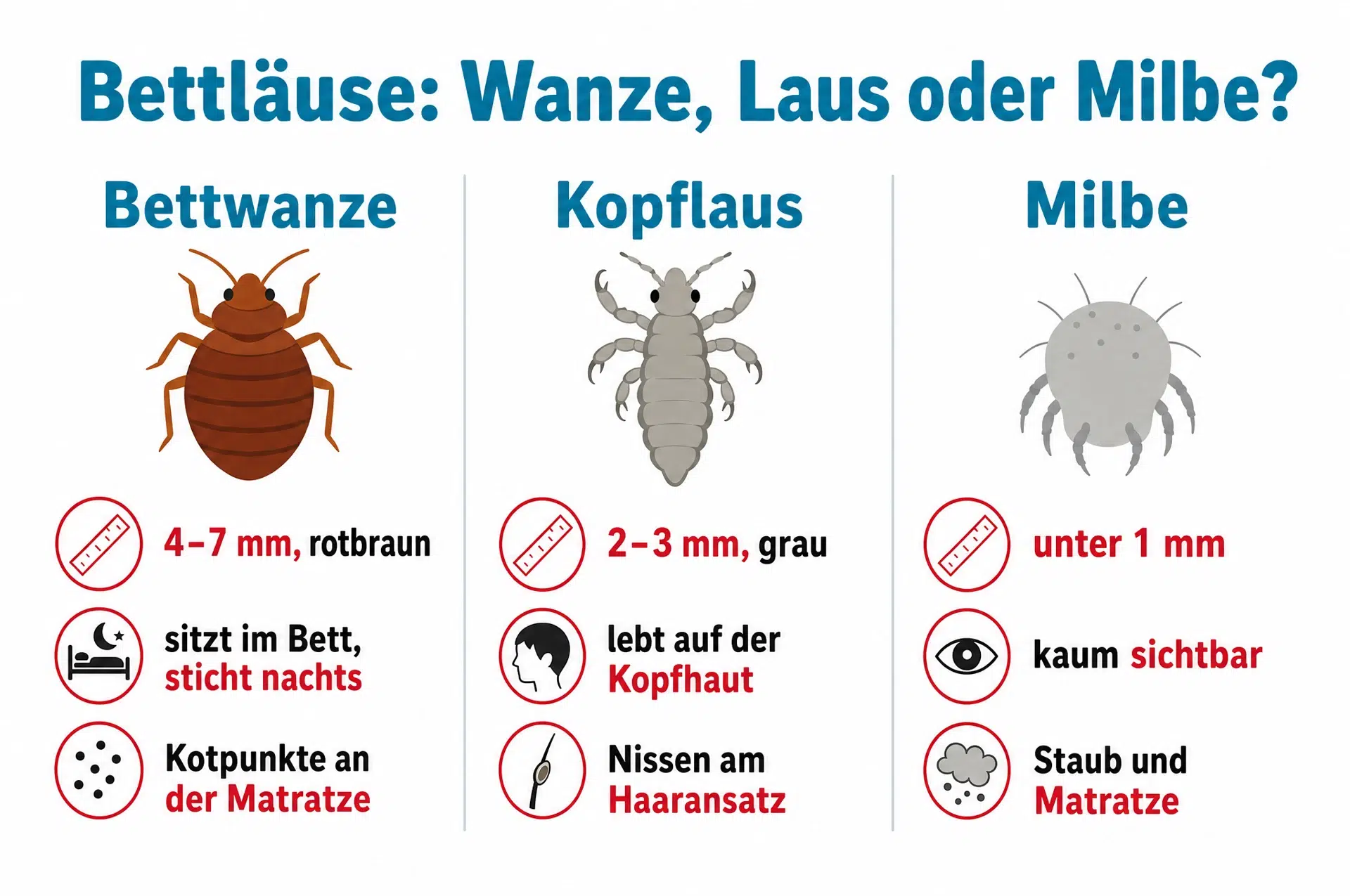 Bettläuse erkennen: Vergleich von Bettwanze, Kopflaus und Milbe