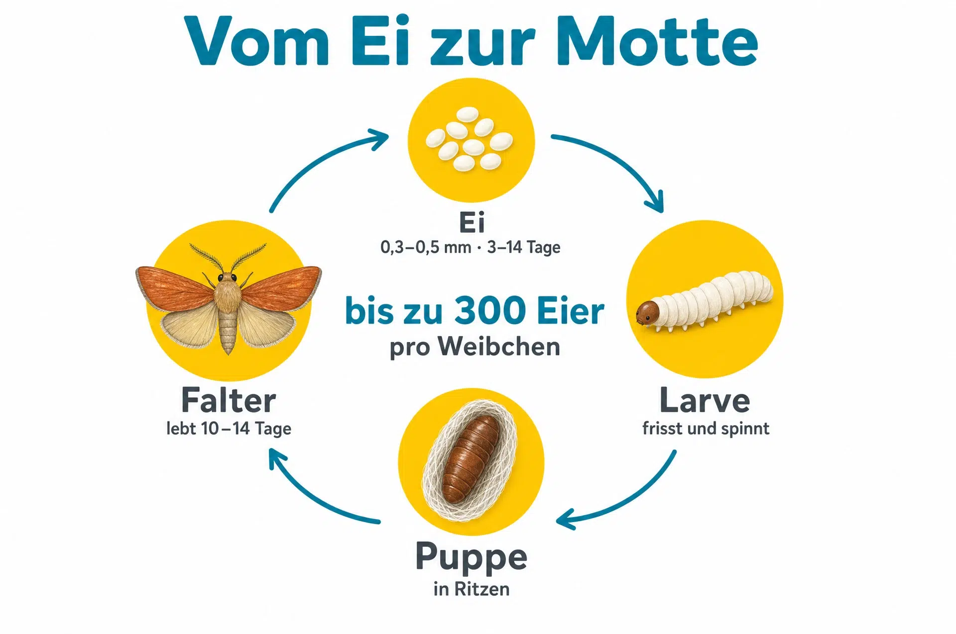 Lebensmittelmotten Eier im Lebenszyklus – Infografik: Ei, Larve, Puppe, Falter, bis zu 300 Eier pro Weibchen