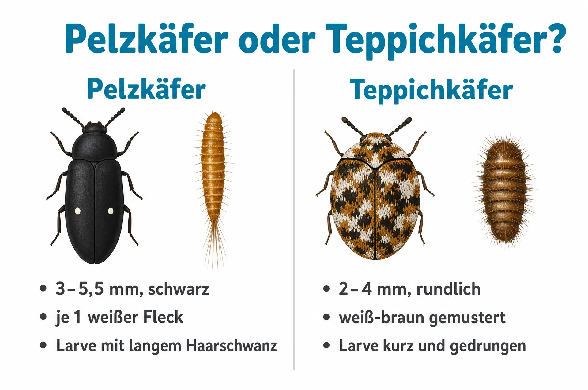 Pelzkäfer oder Teppichkäfer – Infografik zu den Unterschieden bei Käfer und Larve